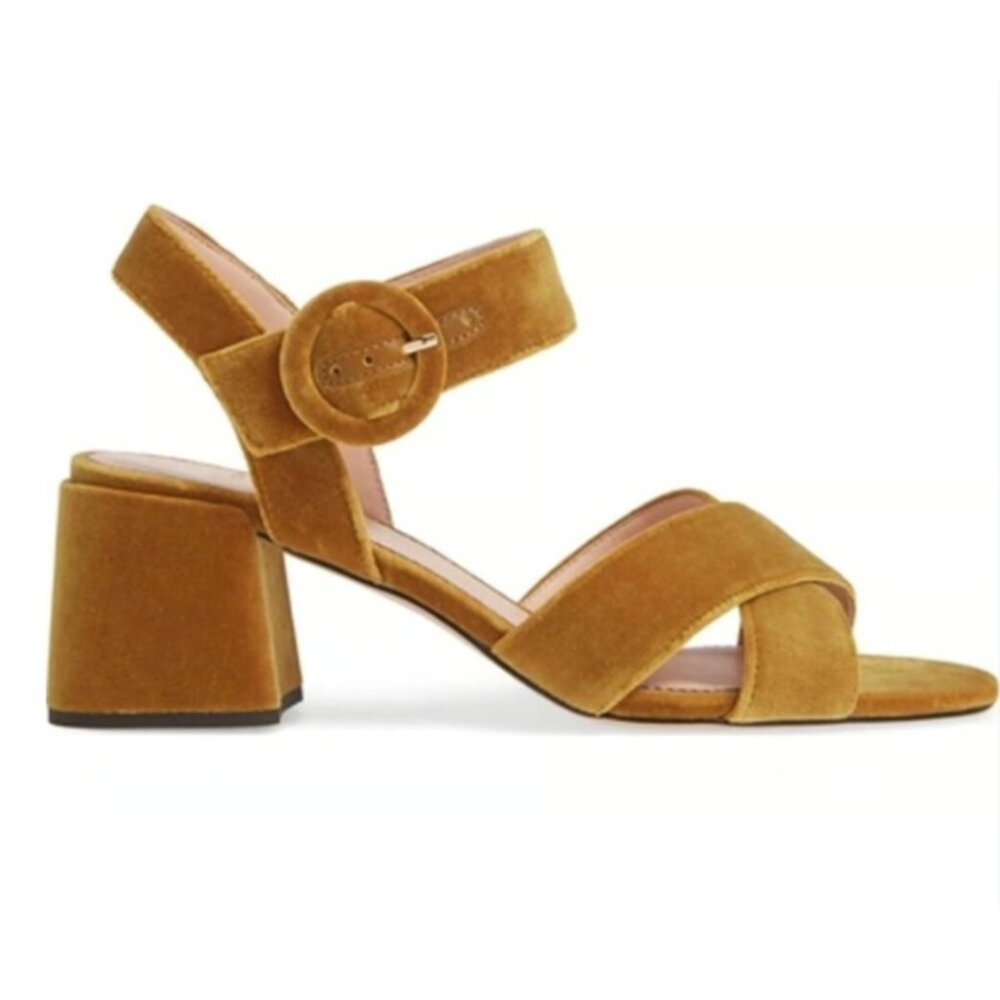 J. Crew Velvet Penny Sandals Yellow Mustard Retro Block Heel Ankle Straps Sz 7